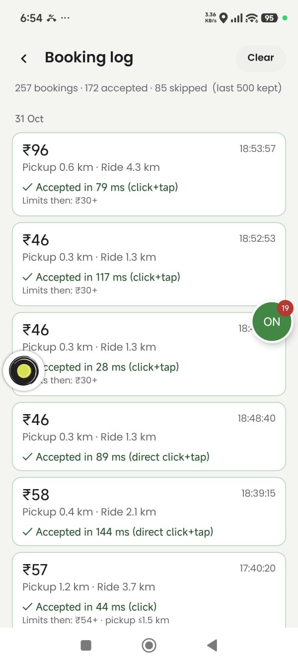 Ride Mitra booking log showing accepted rides
